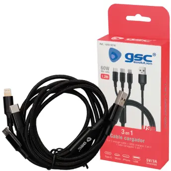 CABLE CARGADOR TRENZADO 3en1 1,2mt USB A MICRO USB, USB A Y USB C 105515016 GSC