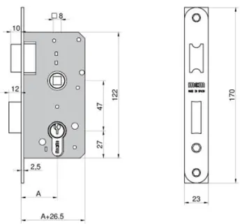 CERRADURA MADERA EMBUTIR LATONADA 35mm C/RECTO 1501-2-35 MCM