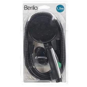 SET TELEFONO DUCHA 3 POSICIONES Y FLEXO 1.5m SOPORTE NEGRO 12594 BERILO